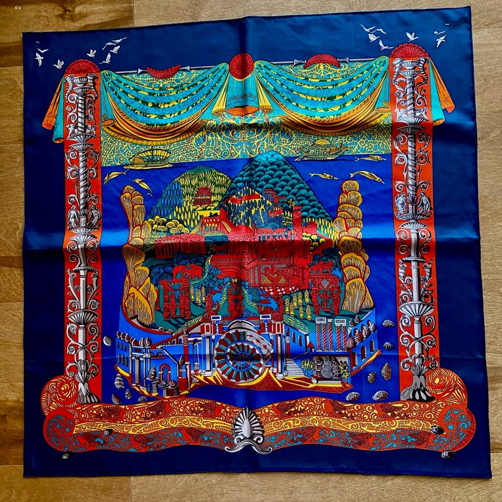 Hermes Carre 90 “Pyramides” Silk Scarf Navy/Multi 35 in square